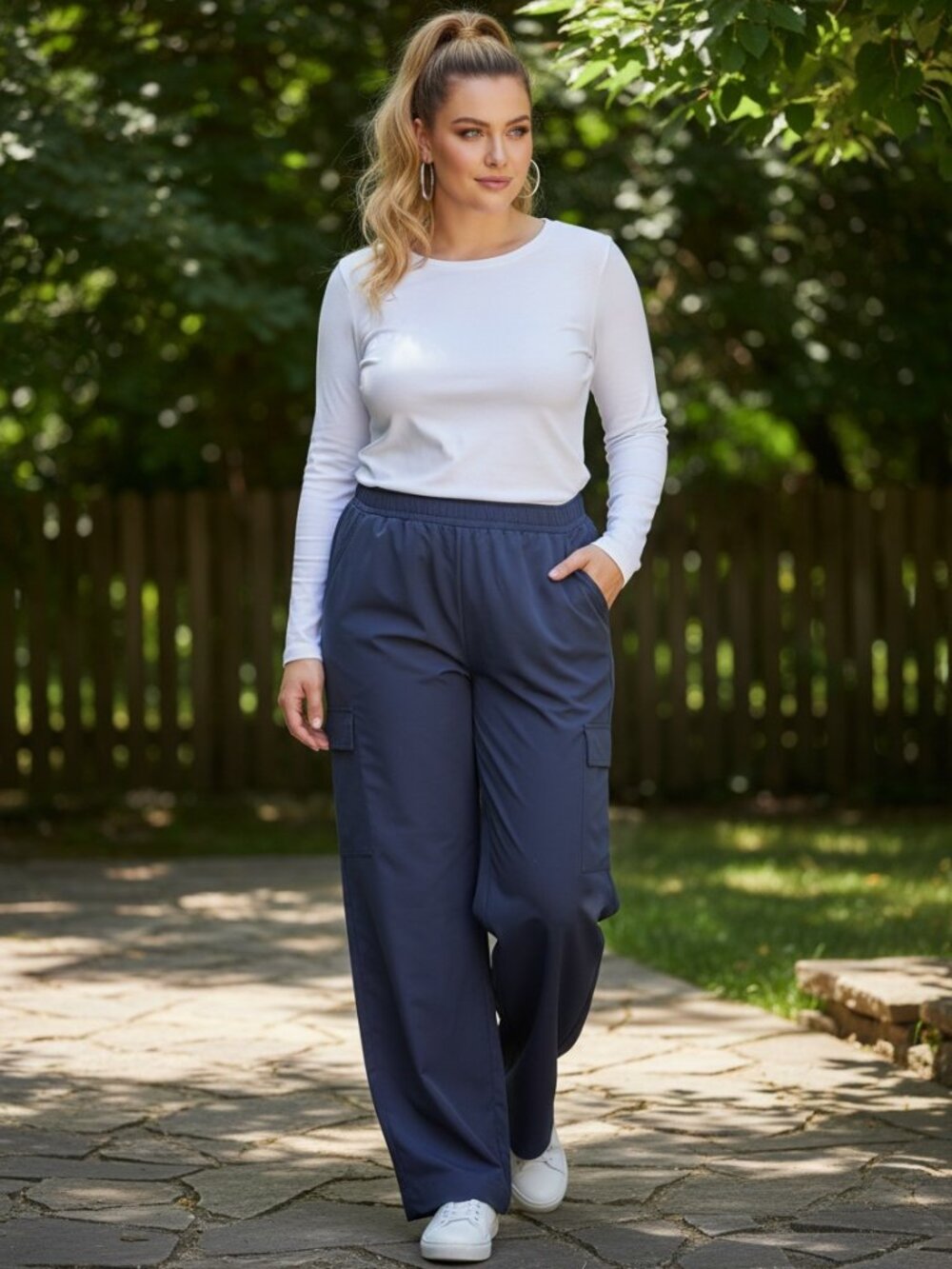 Stylus Cargo Pants Women XL Blue Wide Leg Elastic Waist Utility Pockets